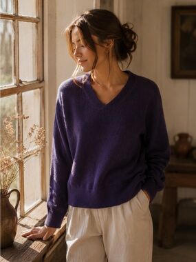 BANANA REPUBLIC | 100% Merino Wool Sweater | Purple V-Neck Knit Pullover